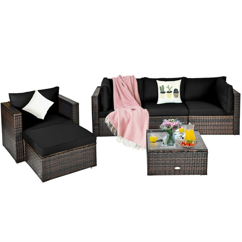 6 PCS Wicker Rattan Patio Sectional Furniture Outdoor Seating Group with Glass Coffee Table & Cushions Sofa Ottoman