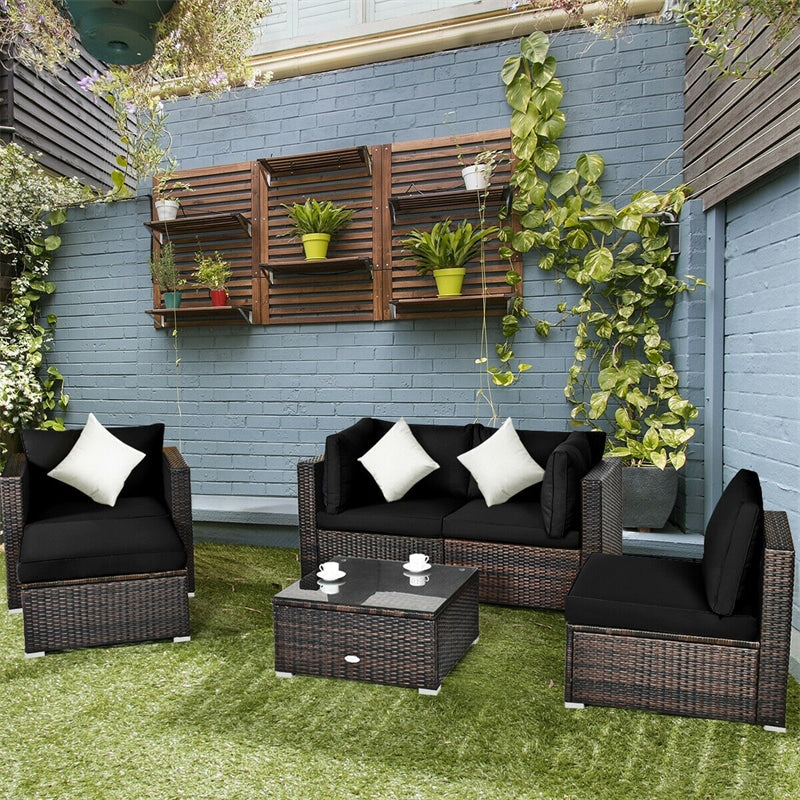 6 PCS Wicker Rattan Patio Sectional Furniture Outdoor Seating Group with Glass Coffee Table & Cushions Sofa Ottoman