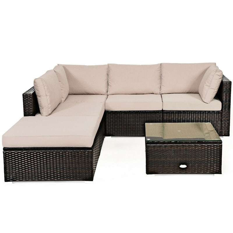 6 Piece Rattan Patio Seating Group Outdoor Wicker Sectional Furniture with Coffee Table & Cushions