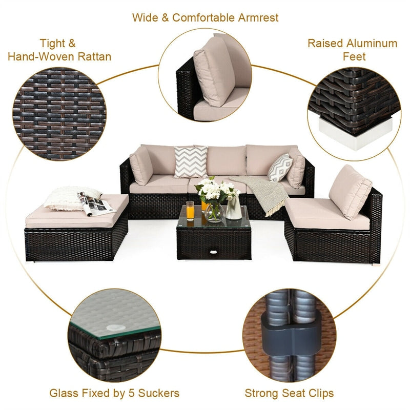 6 Piece Rattan Patio Seating Group Outdoor Wicker Sectional Furniture with Coffee Table & Cushions