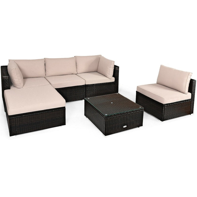 6 Piece Rattan Patio Seating Group Outdoor Wicker Sectional Furniture with Coffee Table & Cushions