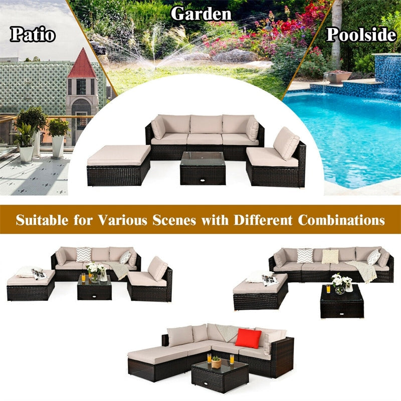 6 Piece Rattan Patio Seating Group Outdoor Wicker Sectional Furniture with Coffee Table & Cushions