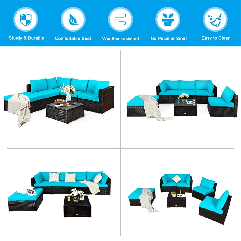 6 Piece Rattan Patio Seating Group Outdoor Wicker Sectional Furniture with Coffee Table & Cushions