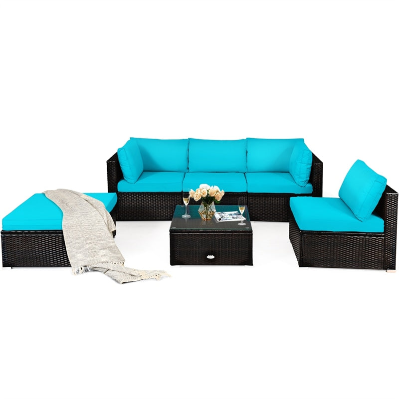 6 Piece Rattan Patio Seating Group Outdoor Wicker Sectional Furniture with Coffee Table & Cushions