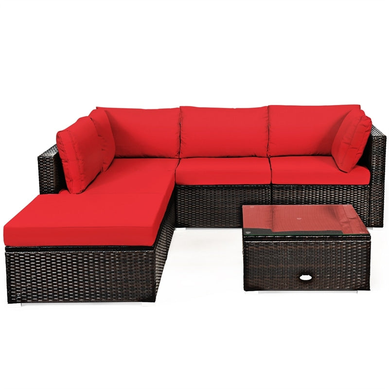 6 Piece Rattan Patio Seating Group Outdoor Wicker Sectional Furniture with Coffee Table & Cushions