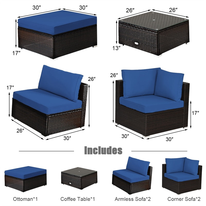 6 Piece Rattan Patio Seating Group Outdoor Wicker Sectional Furniture with Coffee Table & Cushions