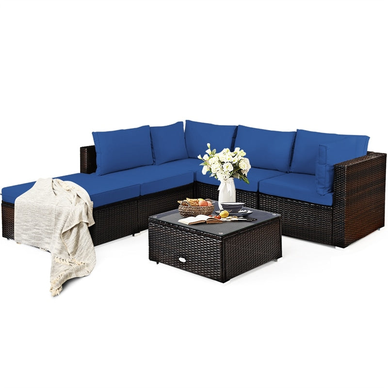 6 Piece Rattan Patio Seating Group Outdoor Wicker Sectional Furniture with Coffee Table & Cushions