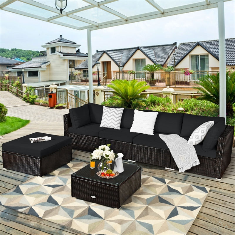 6 Piece Rattan Patio Seating Group Outdoor Wicker Sectional Furniture with Coffee Table & Cushions