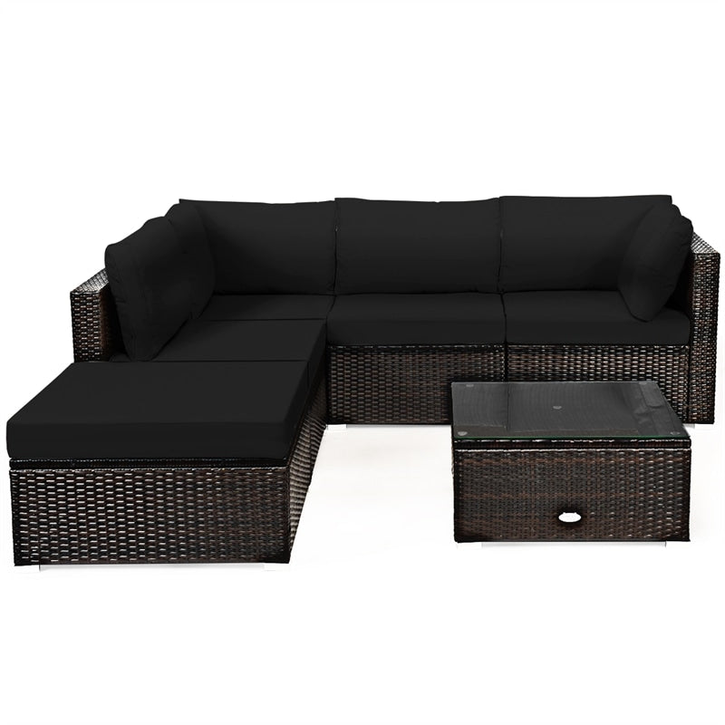 6 Piece Rattan Patio Seating Group Outdoor Wicker Sectional Furniture with Coffee Table & Cushions