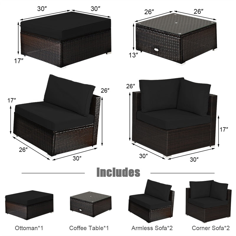 6 Piece Rattan Patio Seating Group Outdoor Wicker Sectional Furniture with Coffee Table & Cushions