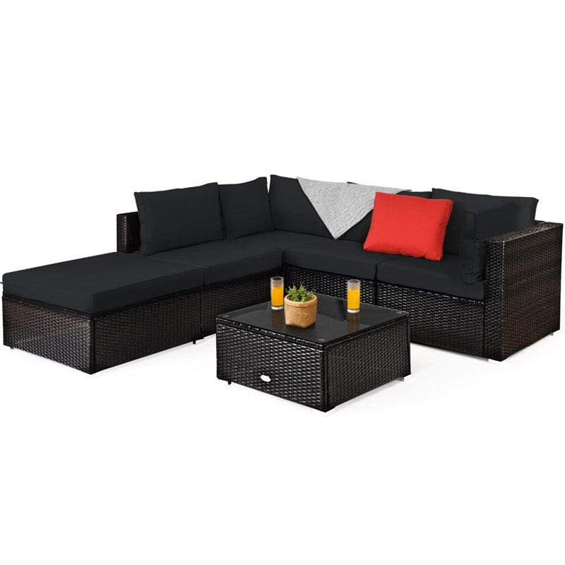 6 Piece Rattan Patio Seating Group Outdoor Wicker Sectional Furniture with Coffee Table & Cushions