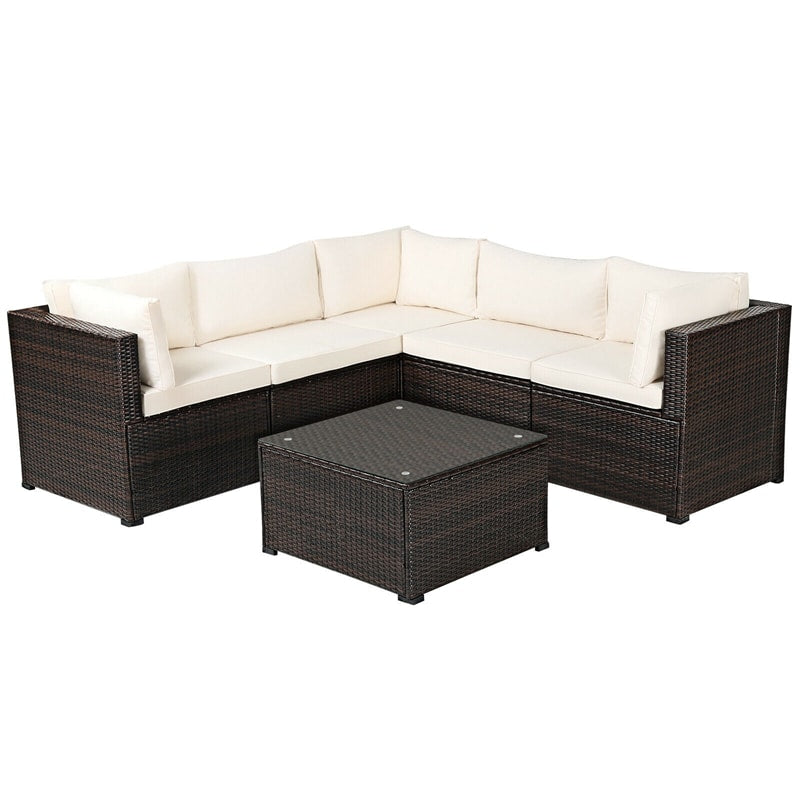 6 Pieces Rattan Patio Sectional Sofa Wicker Conversation Set with Glass Coffee Table & Cushions