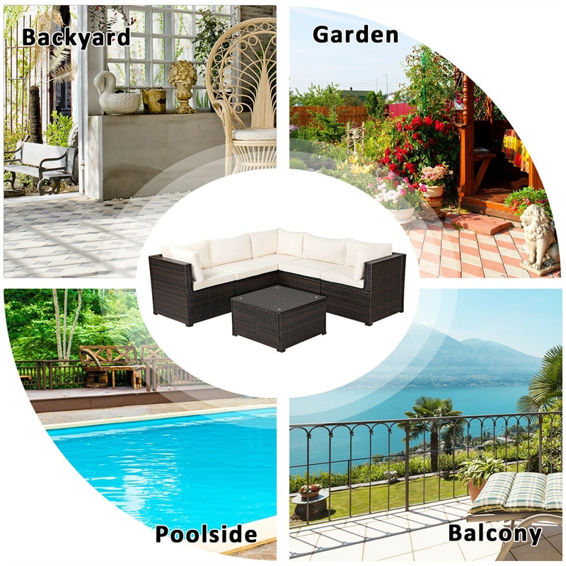 6 Pieces Rattan Patio Sectional Sofa Wicker Conversation Set with Glass Coffee Table & Cushions