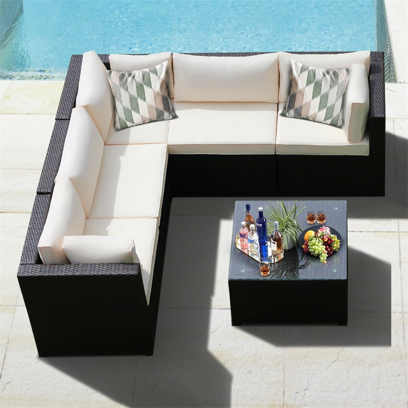 6 Pieces Rattan Patio Sectional Sofa Wicker Conversation Set with Glass Coffee Table & Cushions