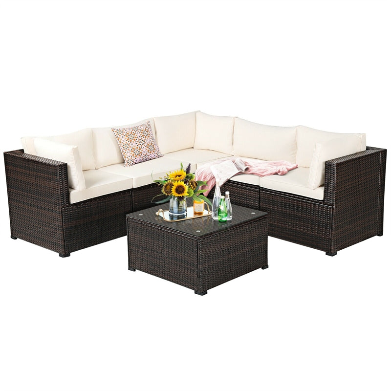 6 Pieces Rattan Patio Sectional Sofa Wicker Conversation Set with Glass Coffee Table & Cushions