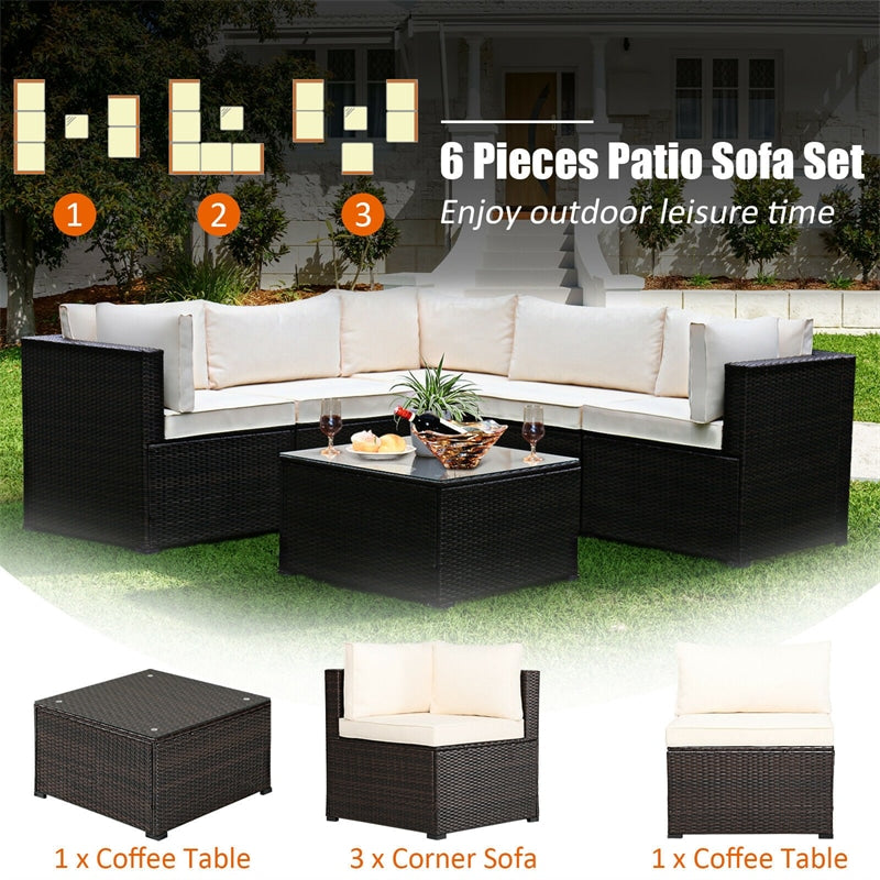 6 Pieces Rattan Patio Sectional Sofa Wicker Conversation Set with Glass Coffee Table & Cushions