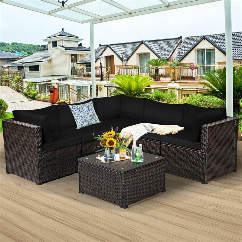 6 Pieces Rattan Patio Sectional Sofa Wicker Conversation Set with Glass Coffee Table & Cushions