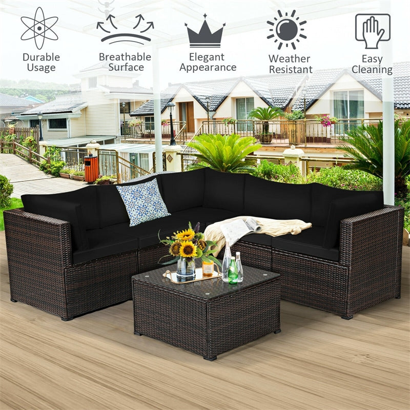 6 Pieces Rattan Patio Sectional Sofa Wicker Conversation Set with Glass Coffee Table & Cushions