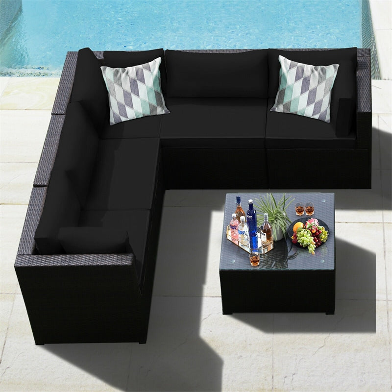 6 Pieces Rattan Patio Sectional Sofa Wicker Conversation Set with Glass Coffee Table & Cushions