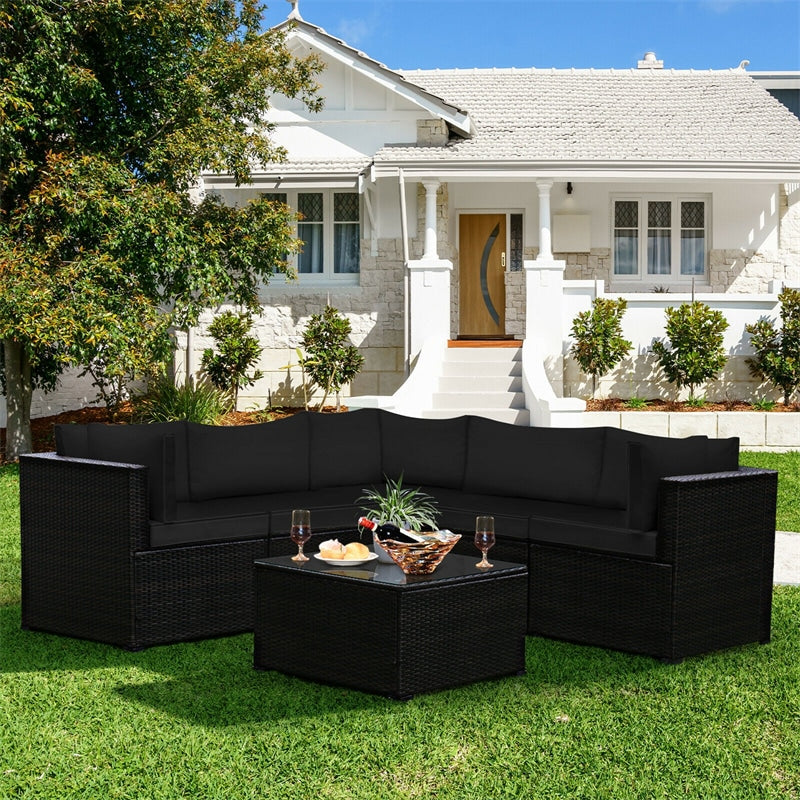 6 Pieces Rattan Patio Sectional Sofa Wicker Conversation Set with Glass Coffee Table & Cushions