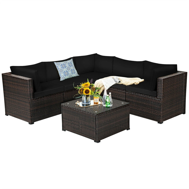 6 Pieces Rattan Patio Sectional Sofa Wicker Conversation Set with Glass Coffee Table & Cushions