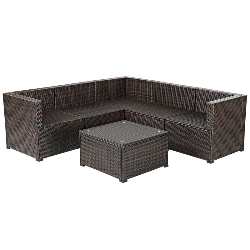 6 Pieces Rattan Patio Sectional Sofa Wicker Conversation Set with Glass Coffee Table & Cushions