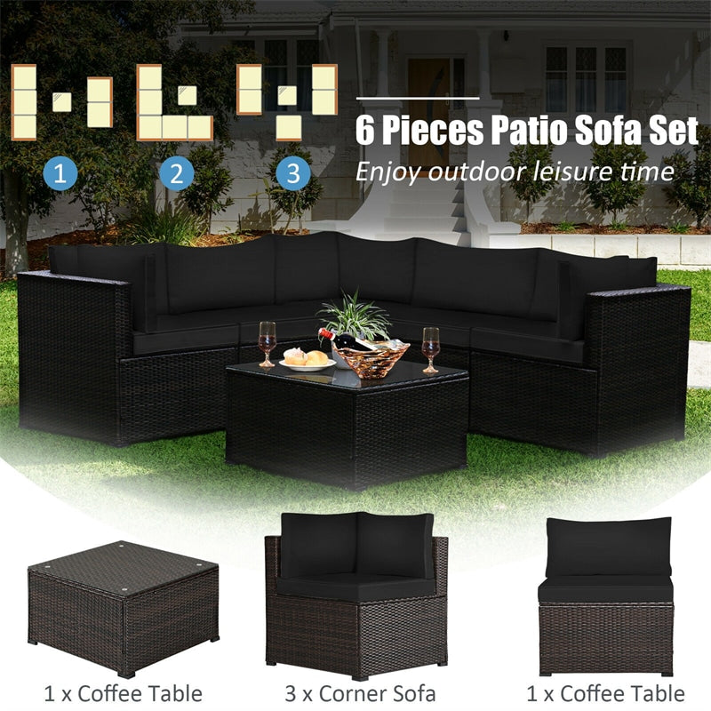 6 Pieces Rattan Patio Sectional Sofa Wicker Conversation Set with Glass Coffee Table & Cushions