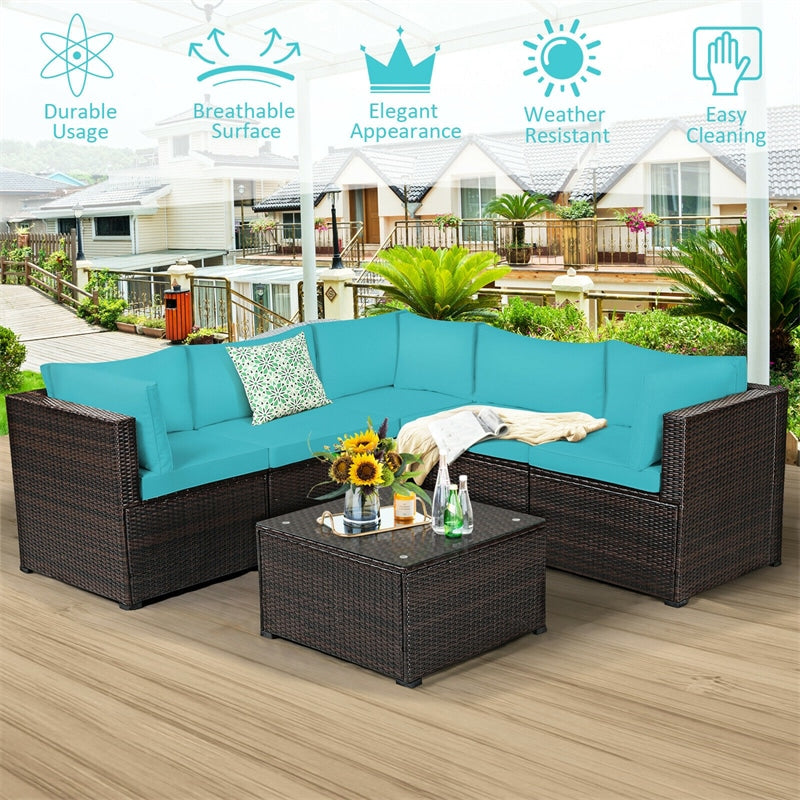 6 Pieces Rattan Patio Sectional Sofa Wicker Conversation Set with Glass Coffee Table & Cushions