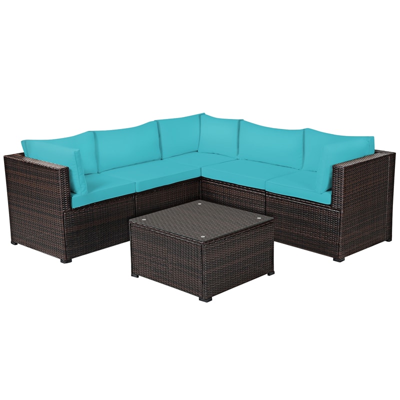 6 Pieces Rattan Patio Sectional Sofa Wicker Conversation Set with Glass Coffee Table & Cushions