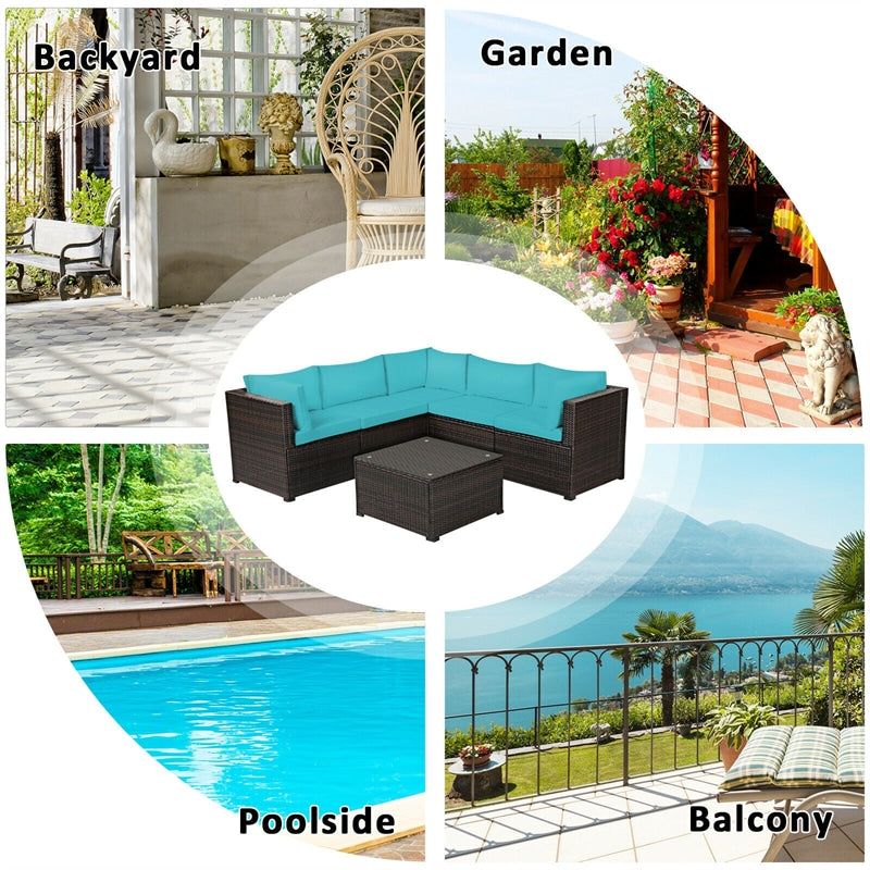 6 Pieces Rattan Patio Sectional Sofa Wicker Conversation Set with Glass Coffee Table & Cushions