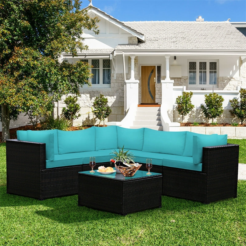 6 Pieces Rattan Patio Sectional Sofa Wicker Conversation Set with Glass Coffee Table & Cushions