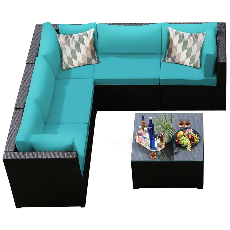 6 Pieces Rattan Patio Sectional Sofa Wicker Conversation Set with Glass Coffee Table & Cushions