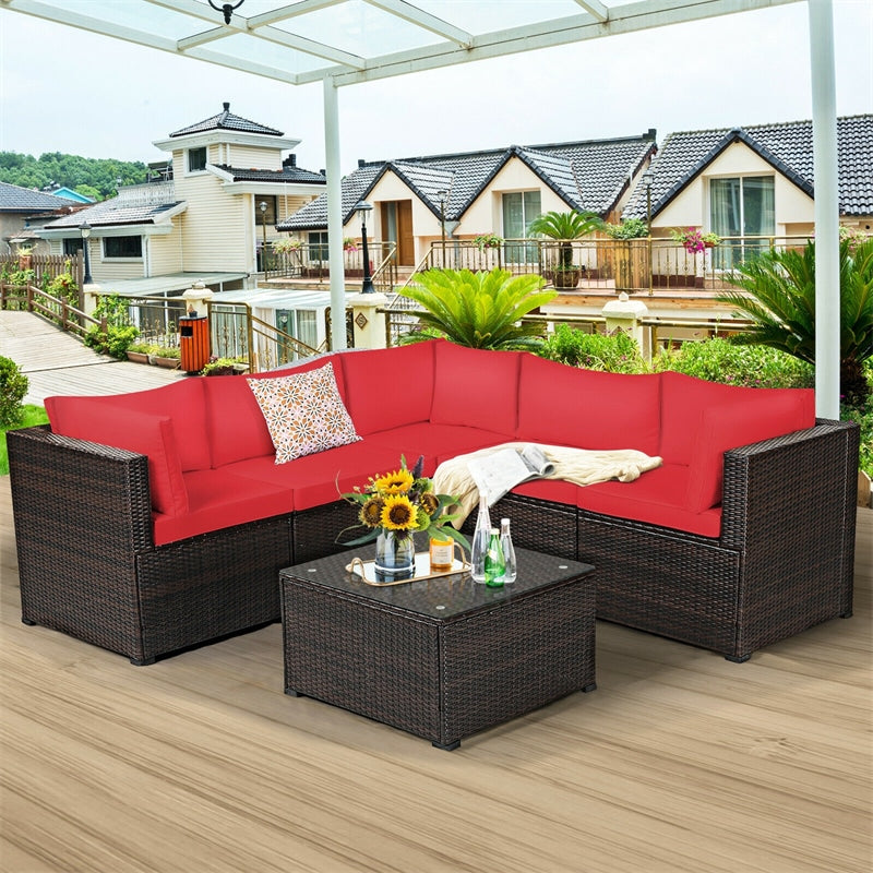 6 Pieces Rattan Patio Sectional Sofa Wicker Conversation Set with Glass Coffee Table & Cushions