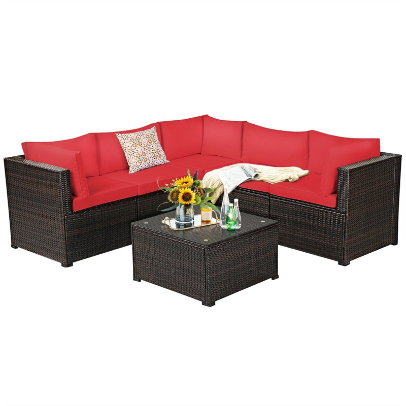 6 Pieces Rattan Patio Sectional Sofa Wicker Conversation Set with Glass Coffee Table & Cushions