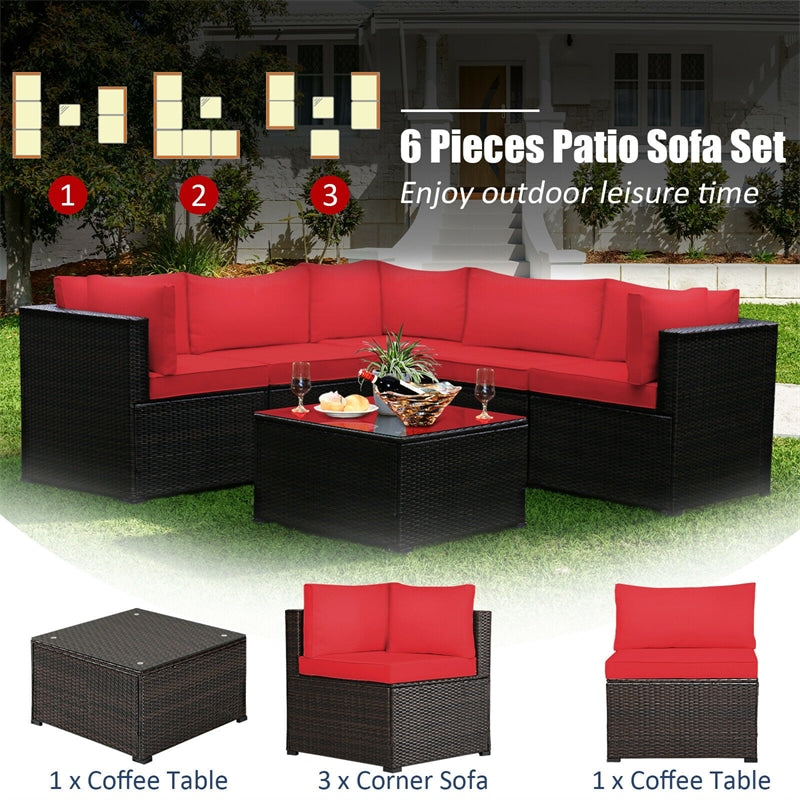 6 Pieces Rattan Patio Sectional Sofa Wicker Conversation Set with Glass Coffee Table & Cushions