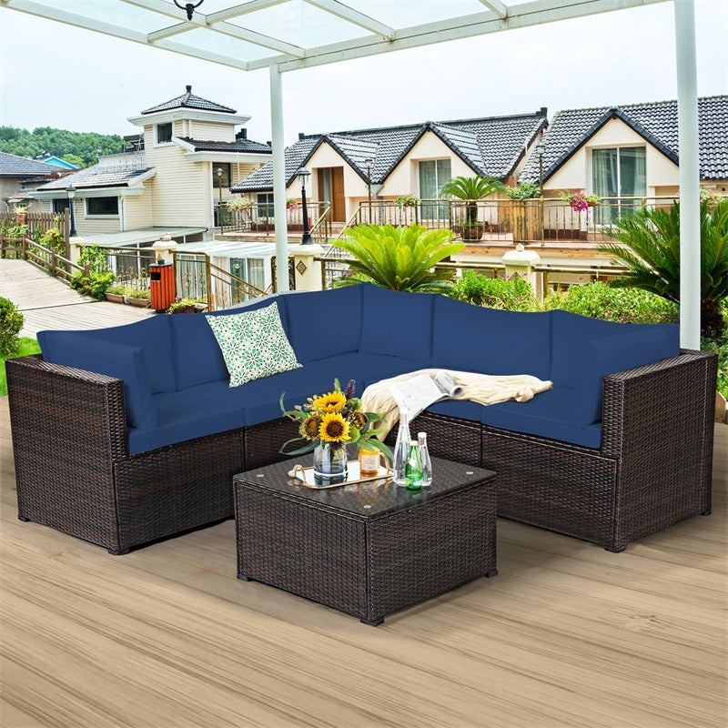 6 Pieces Rattan Patio Sectional Sofa Wicker Conversation Set with Glass Coffee Table & Cushions