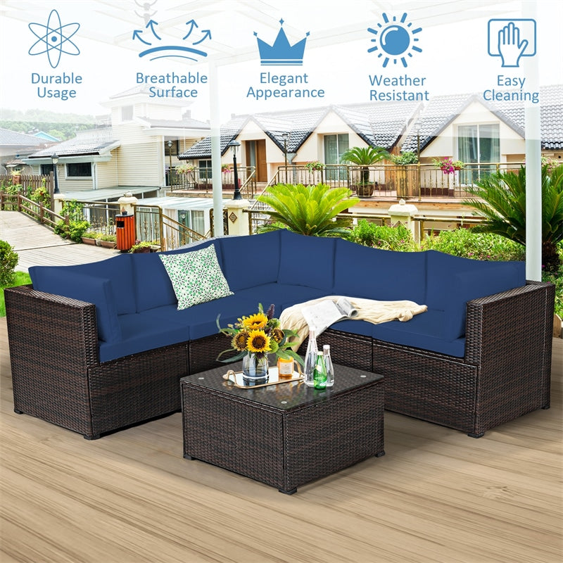 6 Pieces Rattan Patio Sectional Sofa Wicker Conversation Set with Glass Coffee Table & Cushions