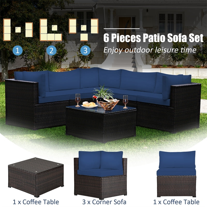 6 Pieces Rattan Patio Sectional Sofa Wicker Conversation Set with Glass Coffee Table & Cushions