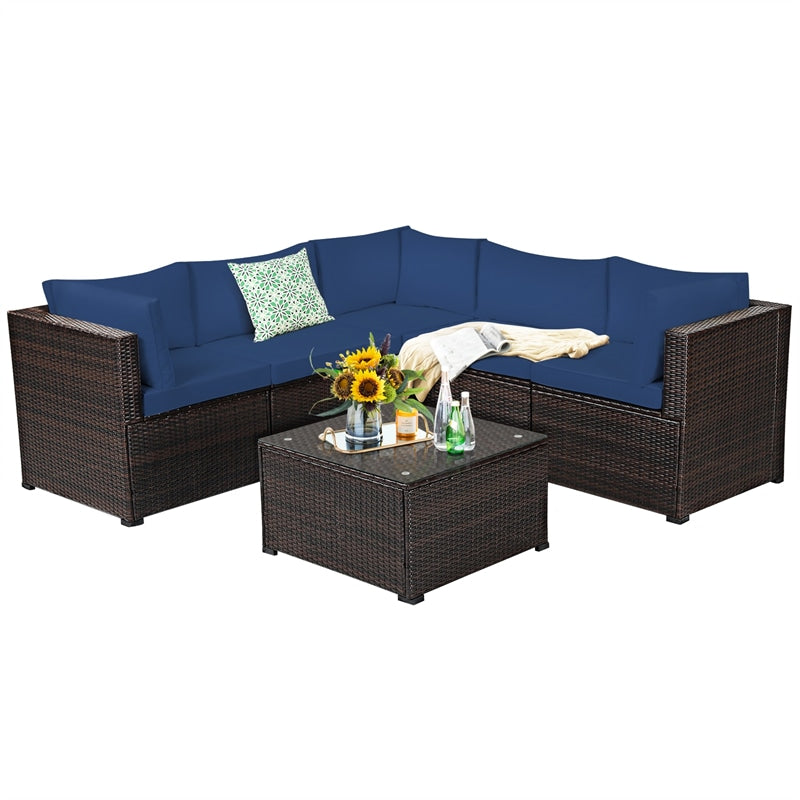 6 Pieces Rattan Patio Sectional Sofa Wicker Conversation Set with Glass Coffee Table & Cushions