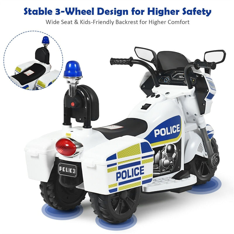 Kids Ride On Police Motorcycle 6V Battery Powered 3-Wheel Motorcycle Trike with Headlight Police Light