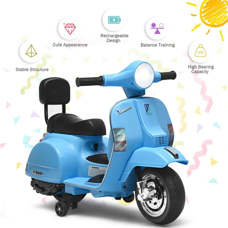 Kids Ride On Vespa Scooter 6V Battery Powered Electric Ride On Motorcycle for Toddler with Training Wheels