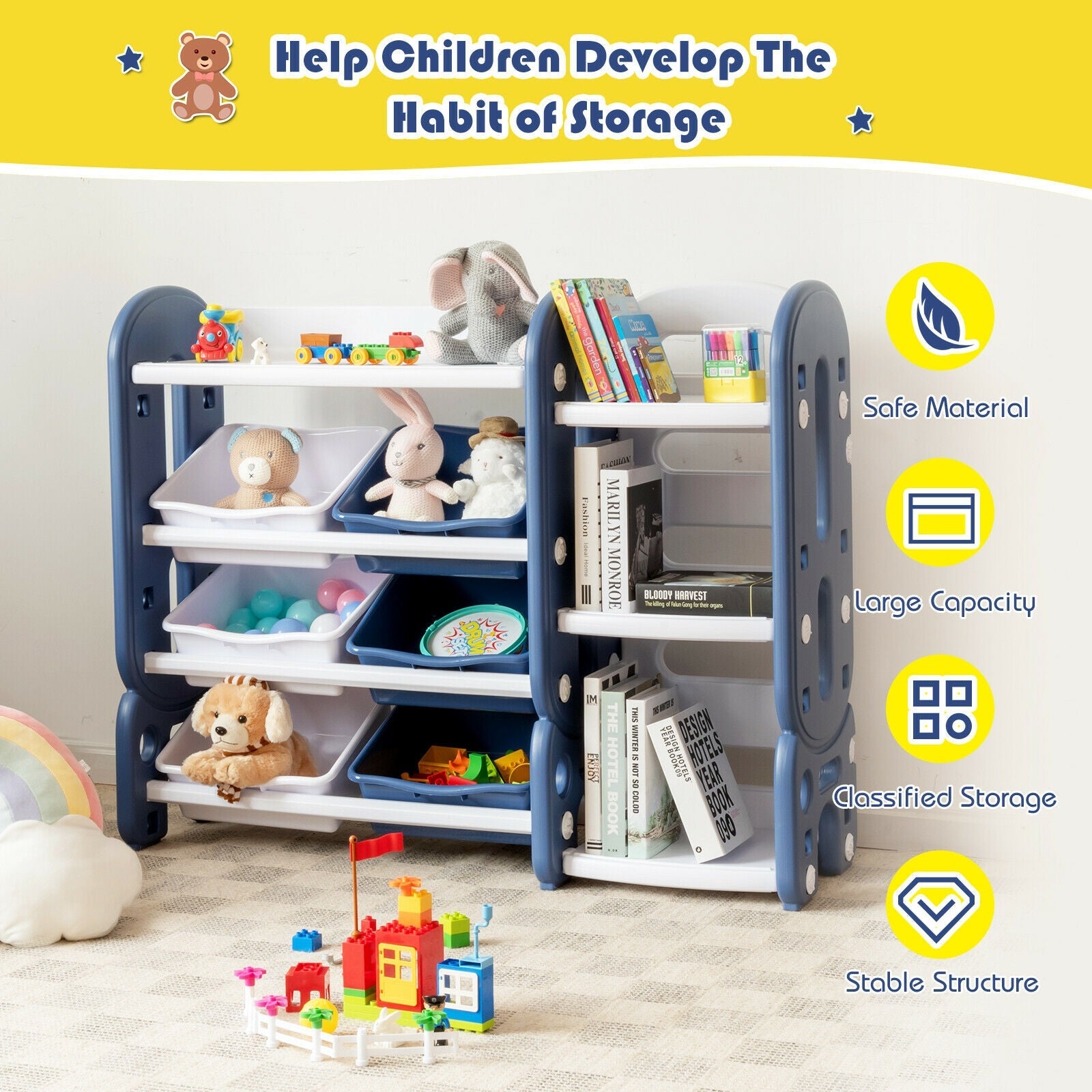 Kids Toy Storage Organizer with Bins and Multi-Layer Shelf for Living room and Playroom