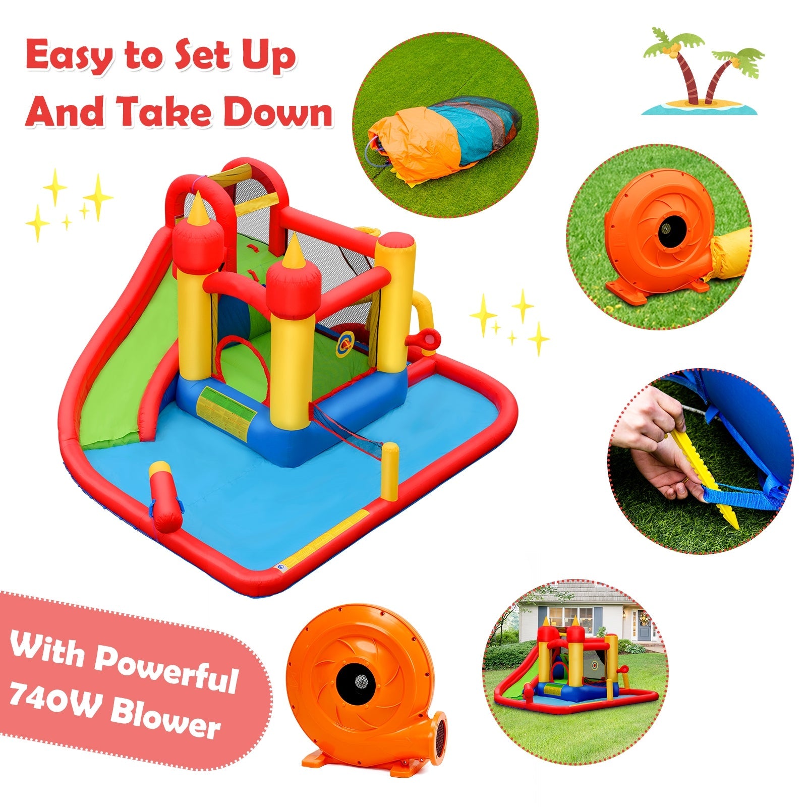 Inflatable Blow Up Water Slide Bounce House with 740W Blower