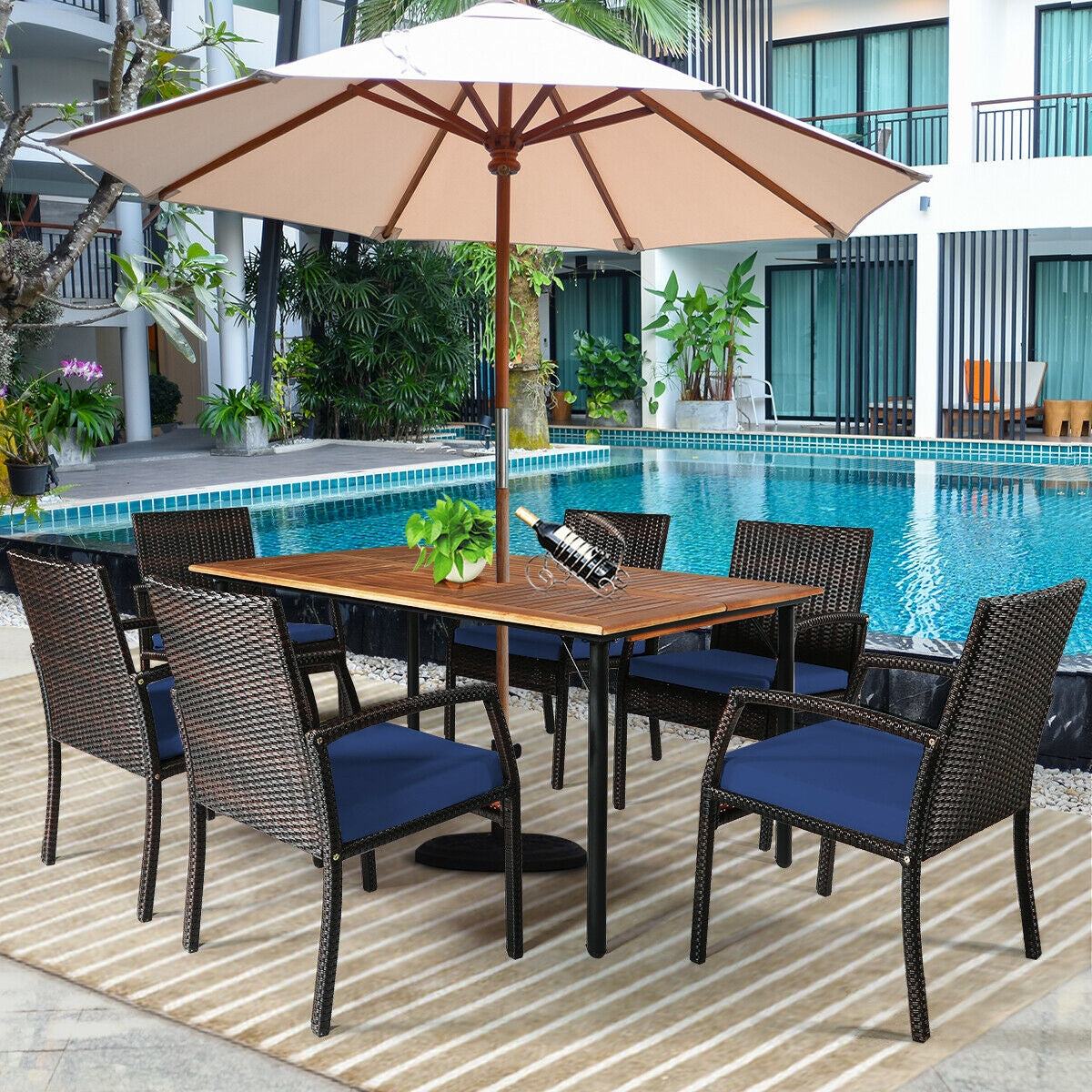 7 Pieces Patio Rattan Cushioned Dining Set with Umbrella Hole