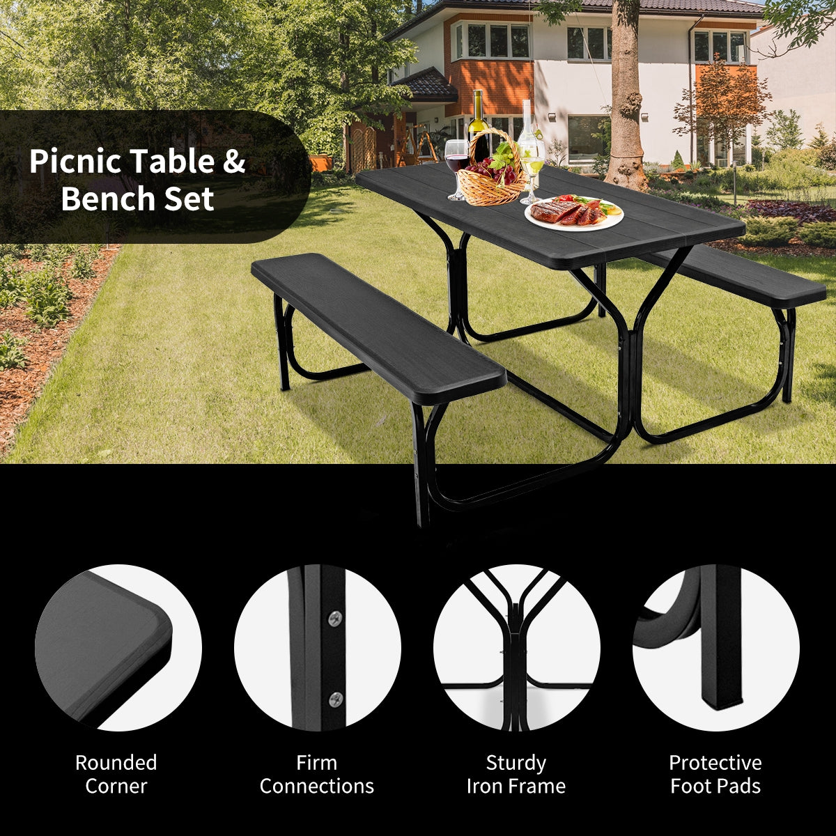 HDPE Outdoor Picnic Table Bench Set with Metal Base for Camping