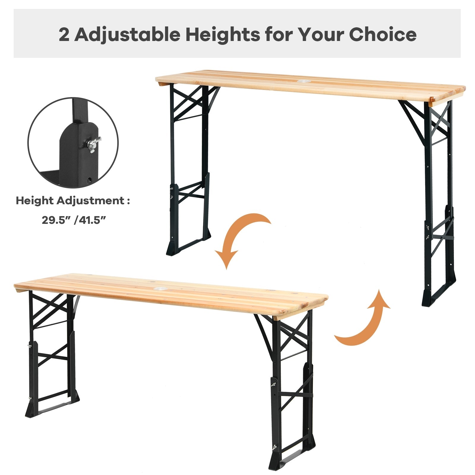 66.5 Inch Adjustable Heights Folding Beer Table with Umbrella Hole for Camping and Picnic