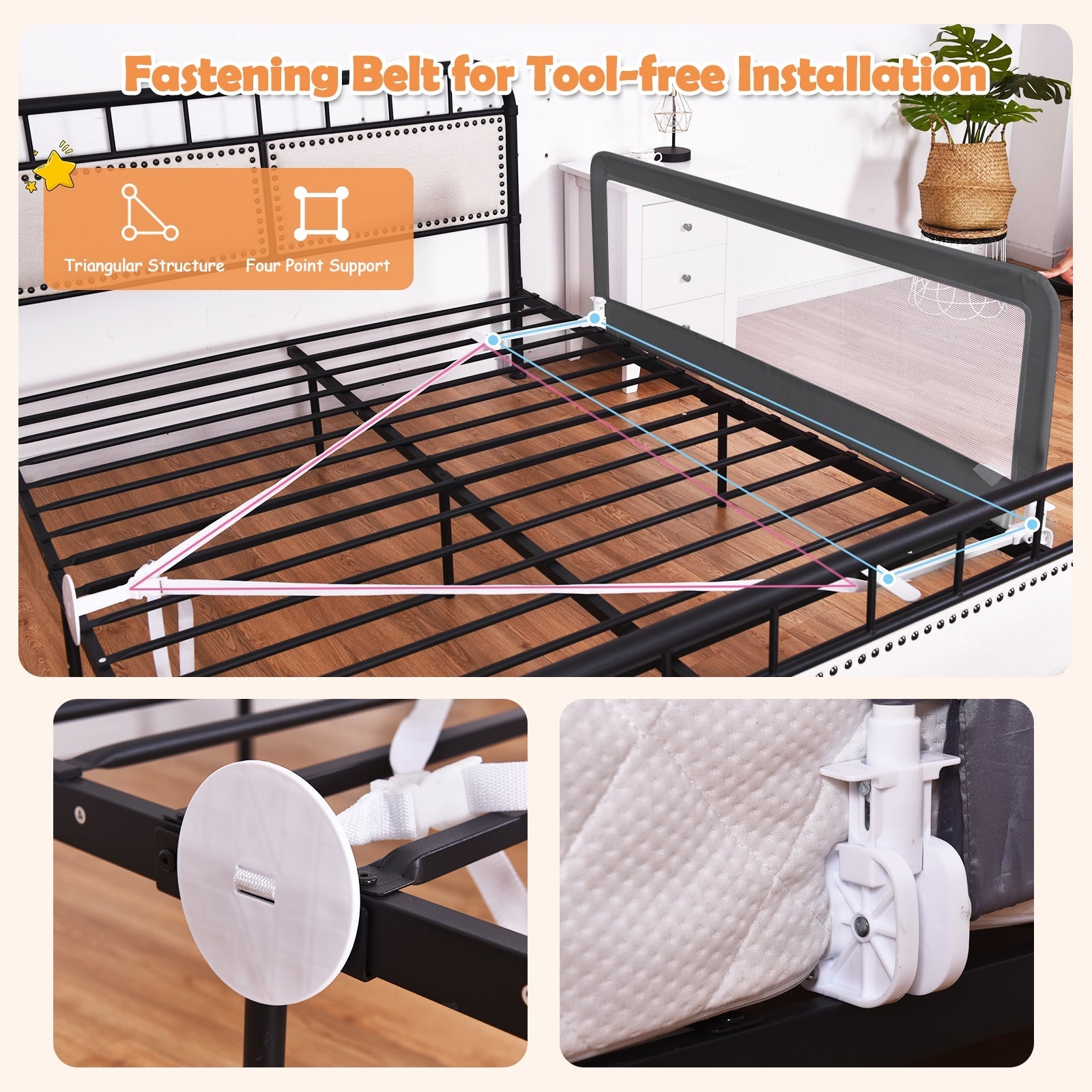 59 Inch Folding Breathable Baby Toddlers Bed Rail Guard with Safety Strap