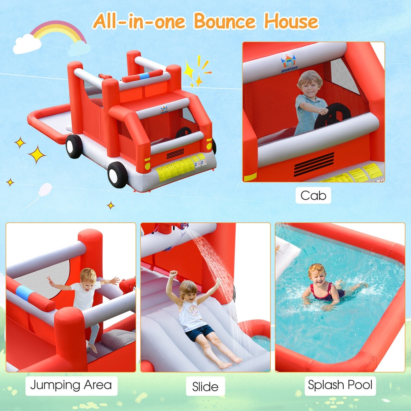 Fire Truck Themed Inflatable Castle Water Park Kids Bounce House without Blower