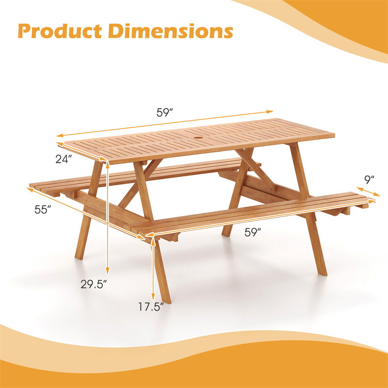 6 Person Hardwood Picnic Table Set Rectangle Patio Table with 2 Built-in Benches & 2” Umbrella Hole