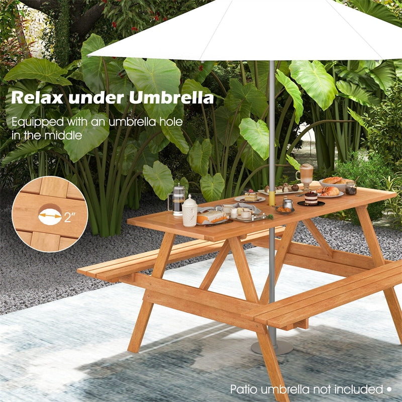 6 Person Hardwood Picnic Table Set Rectangle Patio Table with 2 Built-in Benches & 2” Umbrella Hole